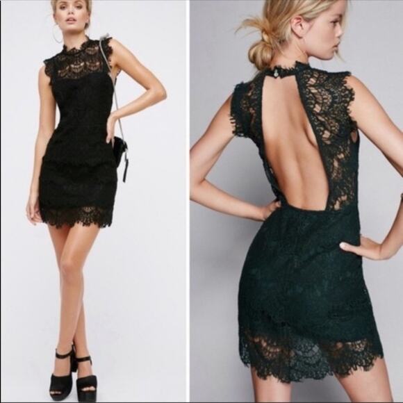 NEW FP FREE PEOPLE Black LBD Bodycon Lace Open Back High Neck Mini Slip Dress L - Picture 5 of 12